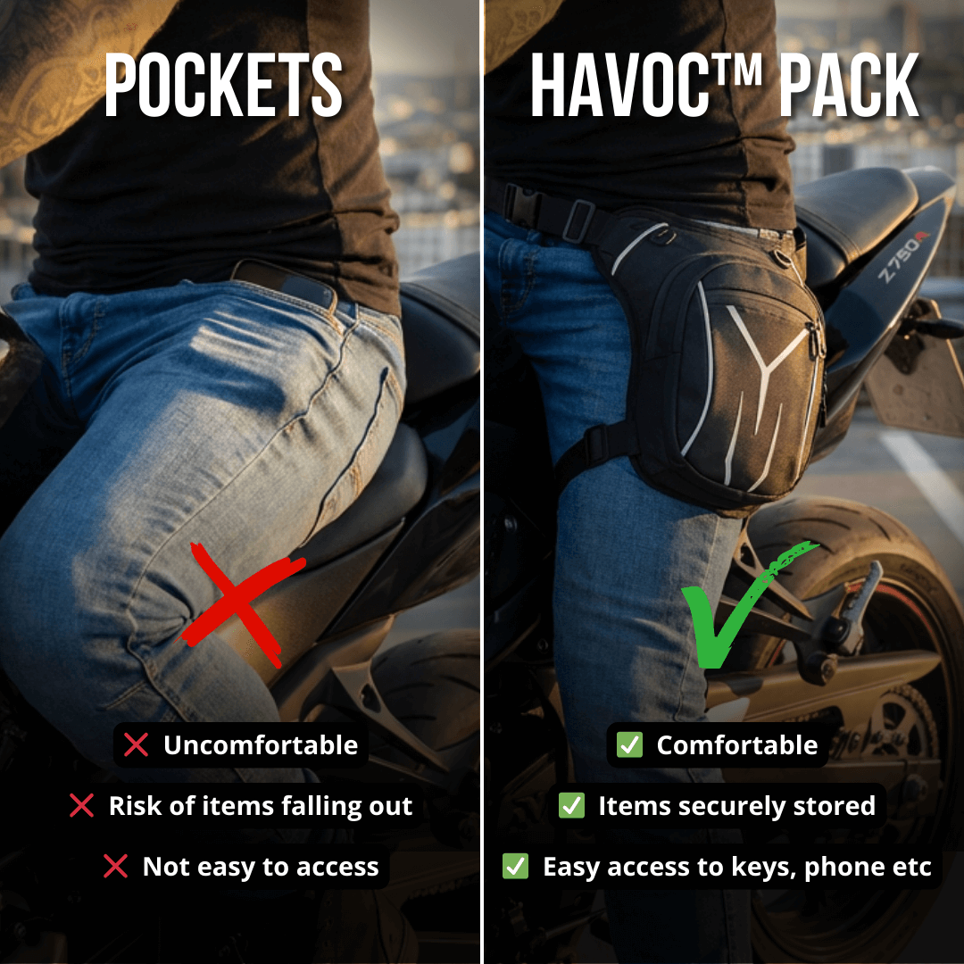 Comparison of having pockets versus a 'Havoc Pack' on a person sitting on a motorcycle.
